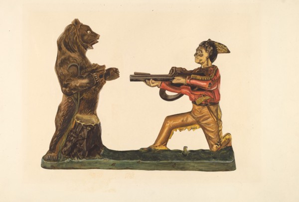 Toy Bank: Hunter Shooting Bear, c. 1938. Creator: Einar Heiberg.