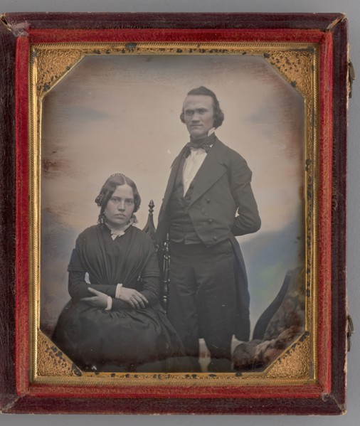 Untitled (Portrait of a Seated Woman and a Standing Man), 1850s. Creators: Albert Sands Southworth, Josiah Johnson Hawes.