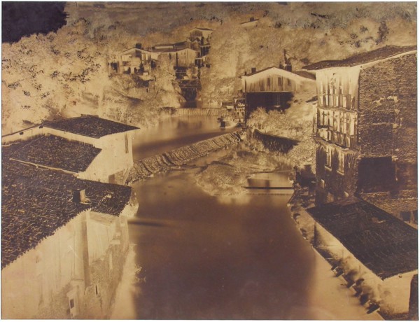 Untitled [houses by a river, possibly Italy or France], 1854.  Creator: Edouard Baldus.