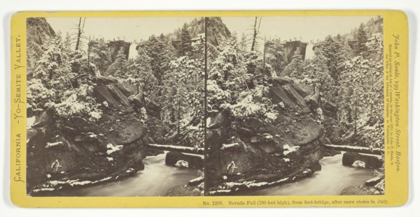 Nevada Fall (700 feet high), From Foot-Bridge, after Snow Storm in July, 1870. Creator: John P. Soule.