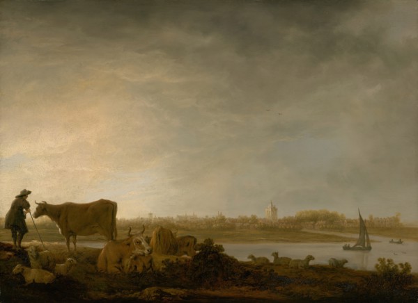 A View of Vianen with a Herdsman and Cattle by a River, c. 1643/45. Creator: Aelbert Cuyp.