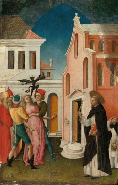 Saint Peter Martyr Exorcizing a Woman Possessed by a Devil, 1445/55. Creator: Antonio Vivarini.