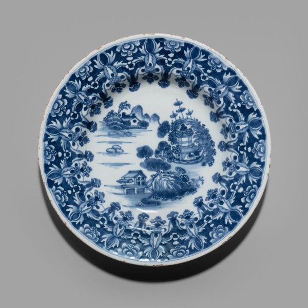 Plate in the Three Chinese Houses Pattern, Dublin, 1760/70. Creator: Delftware.