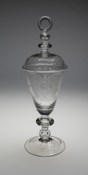 Covered Diamond-Engraved Armorial Marriage Goblet, England, c. 1700-1709. Creator: Unknown.