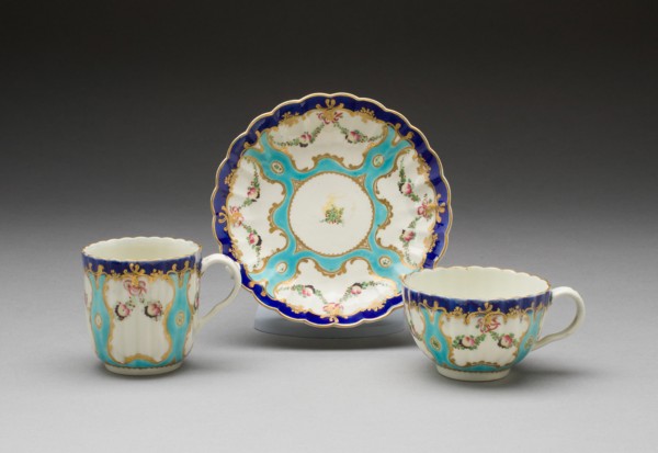 Teacup, Coffee Cup, and Saucer, Worcester, c. 1775. Creator: Royal Worcester.