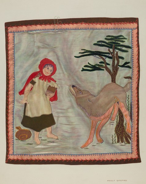 Coverlet Detail (Red Riding Hood), c. 1941. Creator: Adolph Opstad.