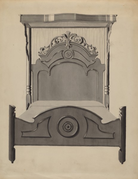 Half-canopy Carved Bed, c. 1936. Creator: Dorothy Posten.