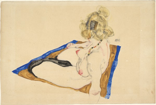 Blonde nude seated on a brown rug with a blue border , 1912. Creator: Schiele, Egon (1890-1918).