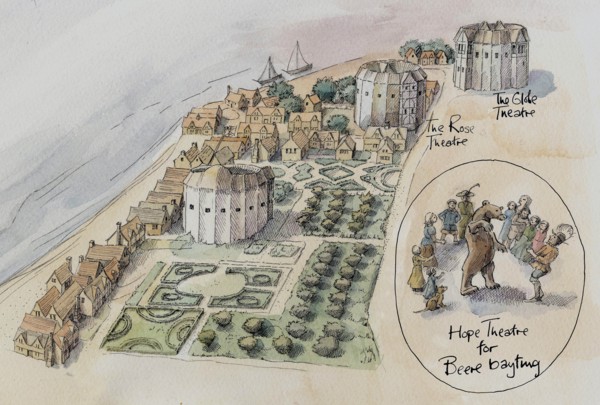 Hope Theatre, Rose Theatre and Globe Theatre, Southwark, London, c1647 (2016). Creator: Judith Dobie.