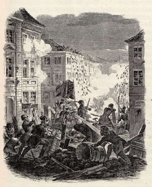 Barricade fighting at the Cölln Townhall in Berlin on the night of 18 to 19 March 1848. Creator: Kretschmer, Robert (1818-1872).