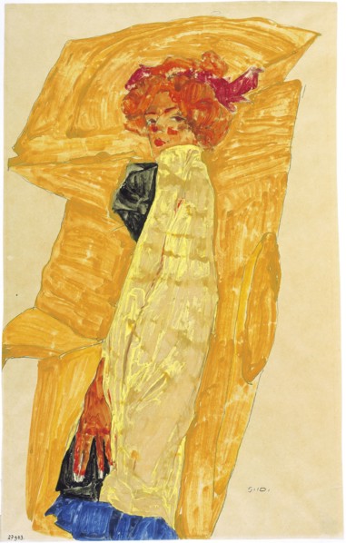 Gerti in front of Ochre-Colored Drapery, 1910. Creator: Schiele, Egon (1890-1918).