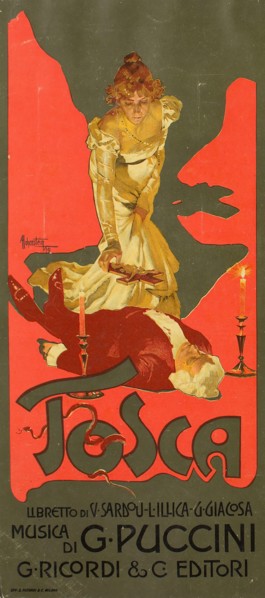 Poster for the Opera Tosca by G. Puccini, 1899. Creator: Hohenstein, Adolfo (1854-1928).