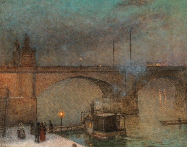 Prague, steamer on the Vltava before the Palacky Bridge, ca 1910-1915. Creator: Schikaneder, Jakub (1855-1924).