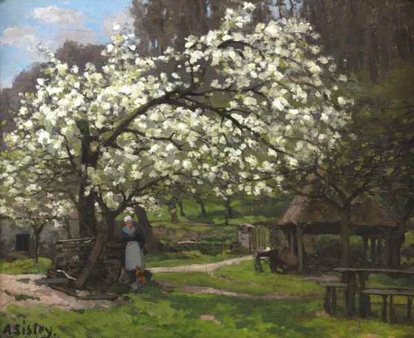 Printemps, paysanne sous les arbres en fleurs (Spring, peasant woman under..., ca. 1865. Creator: Sisley, Alfred (1839-1899).