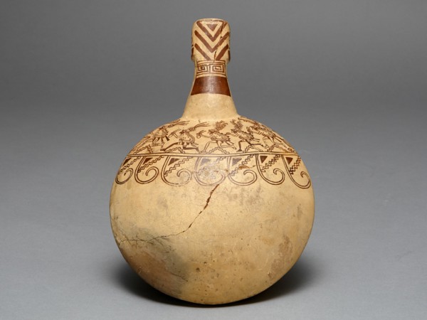 Corn Popper Depicting Costumed Runners with a Modeled Handle, 100 B.C./A.D. 500. Creator: Unknown.