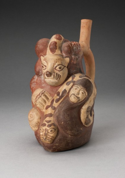 Handle Spouted Vessel with Composite Relief with Human Head, Puma, and Serpent, 100 B.C./A.D. 500. Creator: Unknown.