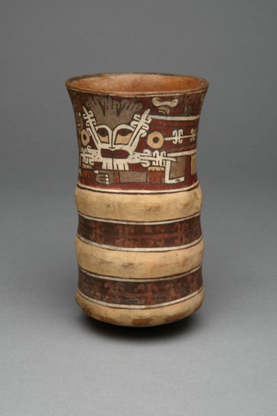 Beaker with Molded Horizontal Bands, Depicting a Masked Ritual Performer, 180 B.C./A.D. 500. Creator: Unknown.