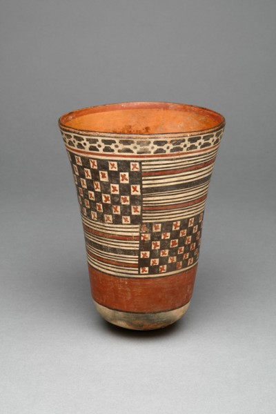 Beaker with Rectangular Areas Filled with Stripes and Checkerboard Patterns, 180 B.C./A.D. 500. Creator: Unknown.