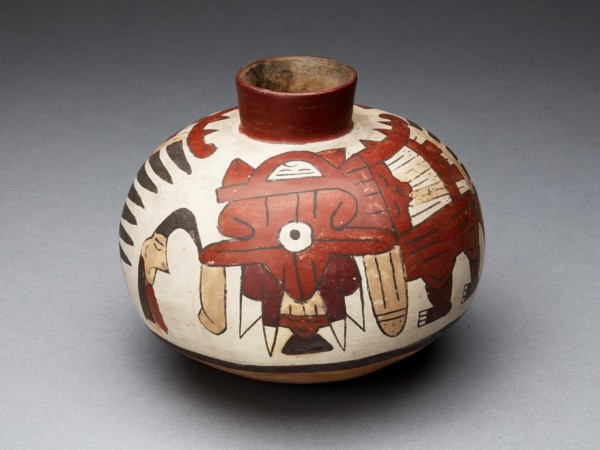 Jar Depicting a Performer Wearing Abstract Bird Costume and Holding a Trophy Head, 180 BC/AD 500. Creator: Unknown.