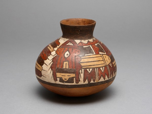 Jar Depicting Performer Wearing an Abstract Bird Costume, 180 B.C./A.D. 500. Creator: Unknown.