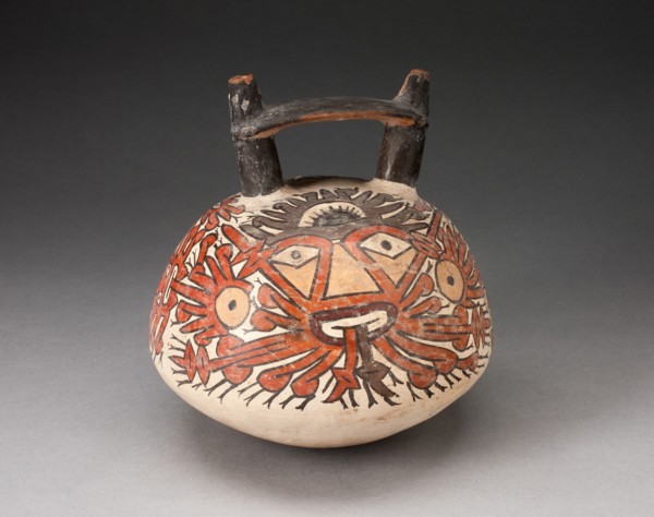Doubnle Spout Vessel Depicing Ornametal Faces with Numerous Emanations, 180 B.C./A.D. 500. Creator: Unknown.