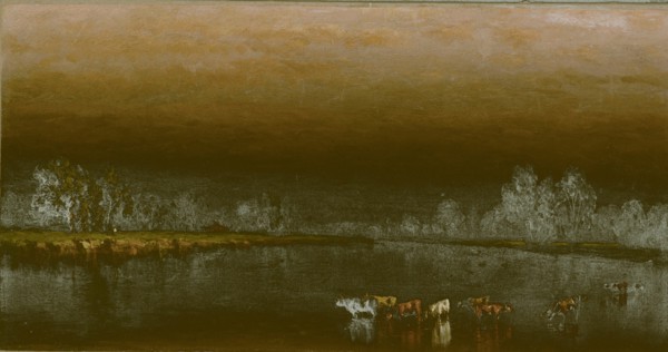 Cows in a Pond at Sunset, 1860. Creator: Sanford Robinson Gifford.