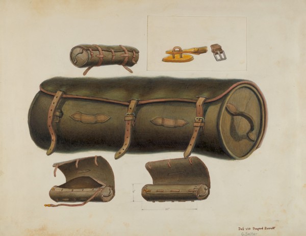 Rolled Leather Knapsack, c. 1937. Creators: Gordon Saltar, B. Berndt.