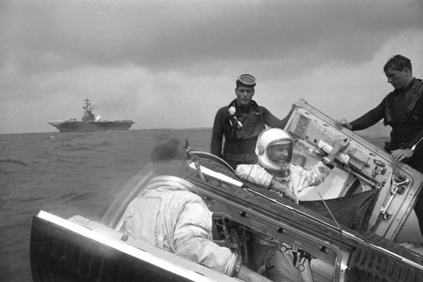 Gemini 9 crew waves to the Wasp, 1966. Creator: NASA.