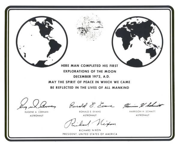 Replica of the plaque left on the Moon by Apollo 17 astronauts, 1972.  Creator: NASA.