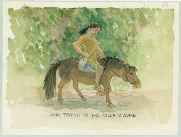 The master craftsman takes the designs for Julia's mosaic floor to the villa, 2003. Creator: Judith Dobie.