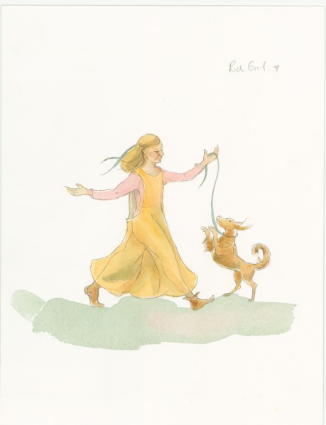 A medieval woman playing with a dog, 2004. Creator: Judith Dobie.