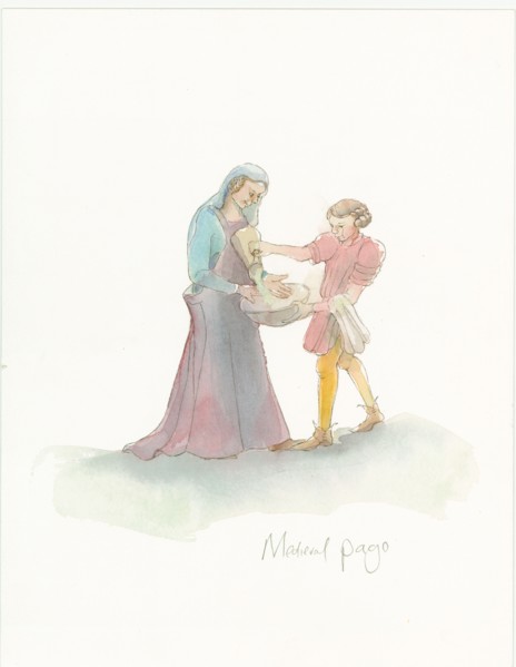 A medieval page helping a lady to wash their hands, 2004. Creator: Judith Dobie.