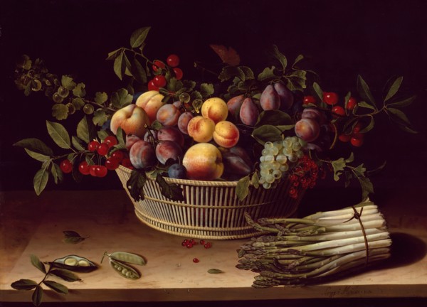Still Life with a Basket of Fruit and a Bunch of Asparagus, 1630. Creator: Louise Moillon.