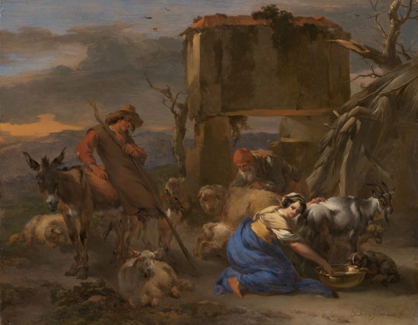 Pastoral Scene with a Shepherdess Milking a Goat, 1665/70. Creator: Nicolaes Berchem.
