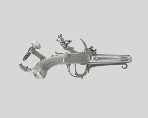 Flintlock Alarm-Trap Pistol, France, c. 1800. Creator: Unknown.