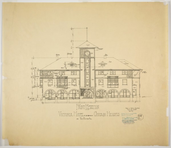 Victoria Hotel, Chicago Heights, Illinois, Front Elevation, 1892. Creator: Adler & Sullivan.