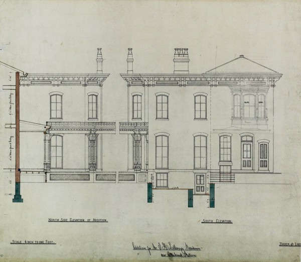 Joseph H. Lathrop House Addition, Elmhurst, Illinois, Elevations and Section, c. 1870. Creator: Bauer & Loebnitz.