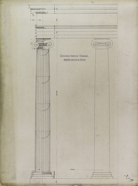 Orders of Architecture, Greek Ionic Order from the Temple of Minerva Polias, Elevation, 1870. Creator: Carl J Furst.