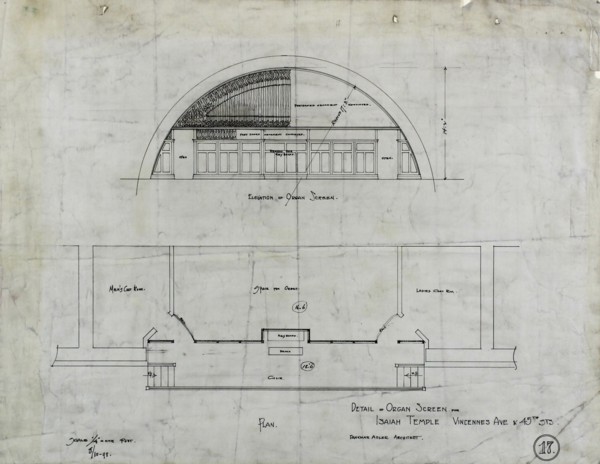 Isaiah Temple, Chicago, Illinois, Organ Screen Plan and Elevation, 08/10/1898. Creator: Dankmar Adler.