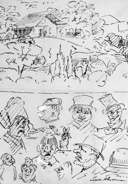 Landscape with Building (top) and Caricature Head Studies (bottom), 1874. Creator: Louis Sullivan.