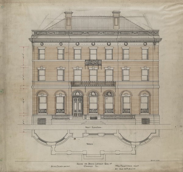 Bryan Lathrop House, Chicago, Illinois, Front Elevation and Terrace Plan, 1892. Creator: McKim, Mead and White.