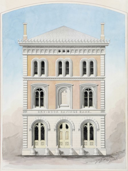 Dry Dock Savings Bank, New York City, New York, Competition Design Drawing, 1858. Creator: Peter Bonnett Wight.