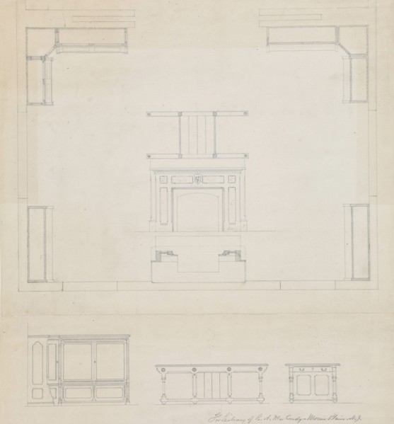 Library for R.A. McCurdy, Morris Plaines, New Jersey, Elevations of Mantel and Furniture, c. 1869. Creator: Peter Bonnett Wight.