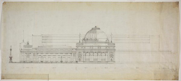 Lakefront Exhibition Hall, Chicago, Illinois, Elevation, 1888. Creator: Peter Joseph Weber.