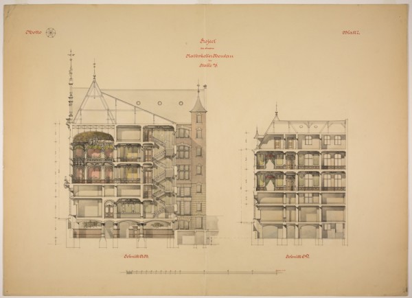 Rathskeller Neubau, Halle (Saale), Saxony-Anhalt, Germany, Two Sections, c. 1887. Creator: Peter Joseph Weber.