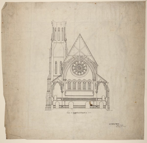 Second Presbyterian Church, Chicago, Illinois, Transverse Section, 1874. Creator: Renwick & Sands.
