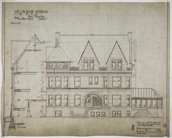 William Bunge House, Chicago, Illinois, Front Elevation, 1889/90. Creator: Treat & Foltz.