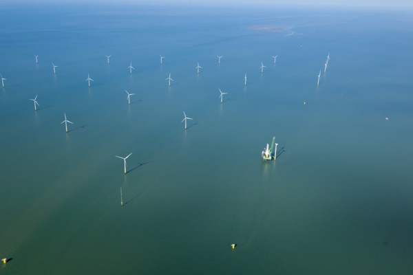 Construction of new wind turbine at Kentish Flats Offshore Wind Farm, 2015. Creator: Historic England.