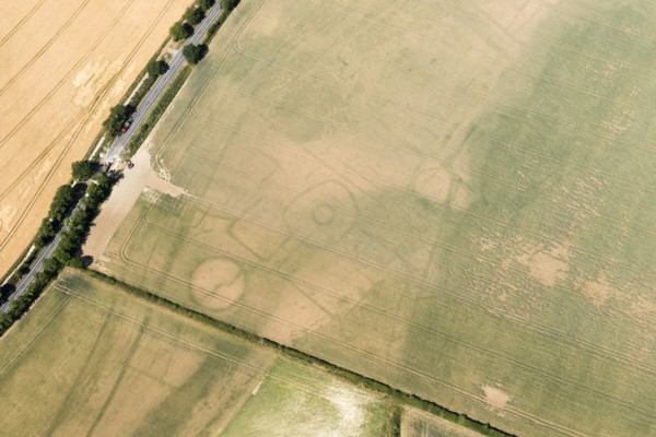 Iron Age settlement crop mark on the Yorkshire Wolds, near Settringham, North Yorkshire, 2018. Creator: Historic England.