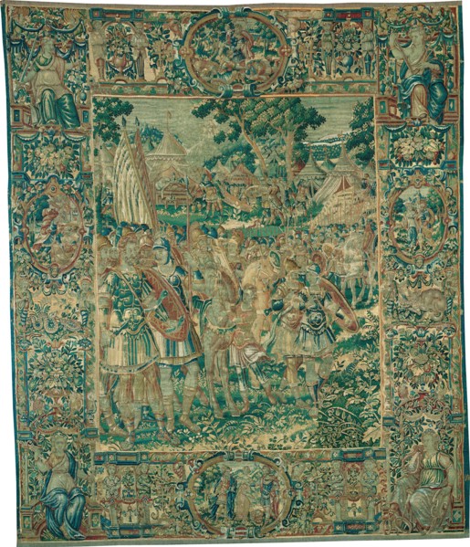 Alexander Kneeling before Jaddus at the Gates of Jerusalem [left section], from The Story of Alexander the Great, Flanders, c. 1600. Alexander's conversion to Judaism. Possibly woven at the workshop o...